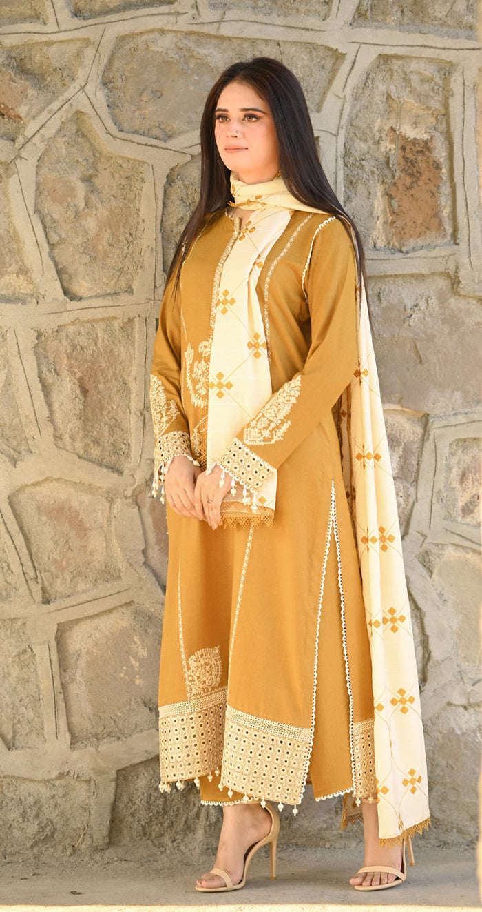 Dhanak-3PC Embroidered Shirt with Dhanak Embroidered Shawl