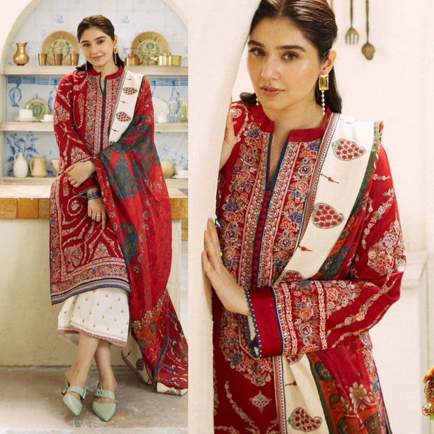 EMBROIDERED KHADDAR UNSTITCHED 3 PIECE SUIT - 9B