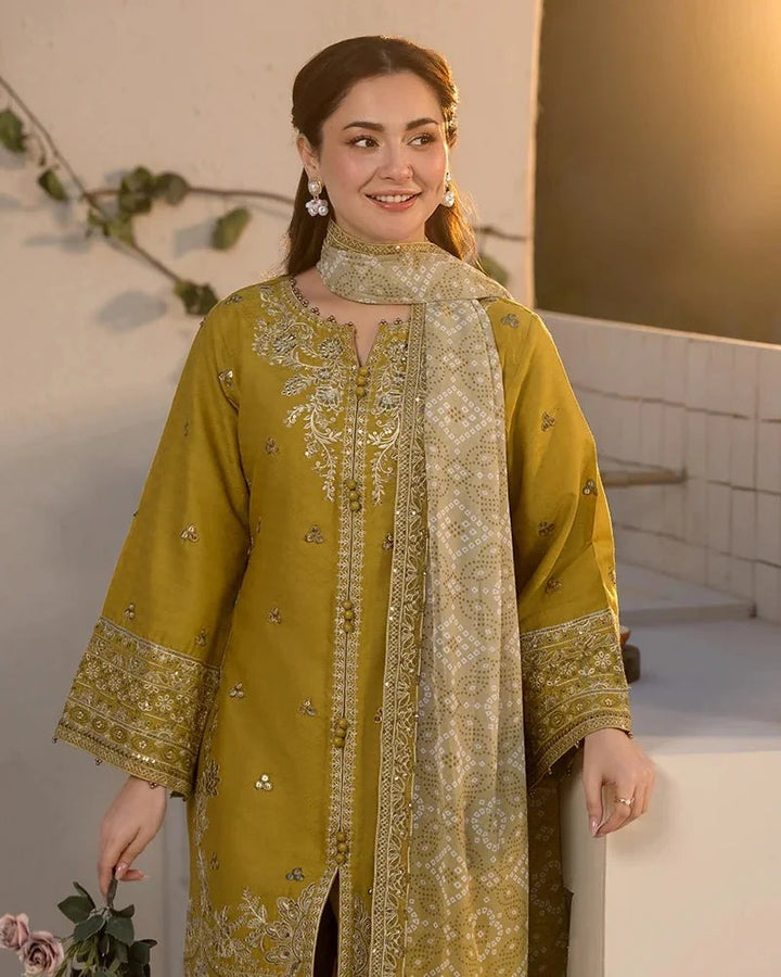 EMBROIDERED 3PC MARINA DRESS WITH PRINTED SHAWL