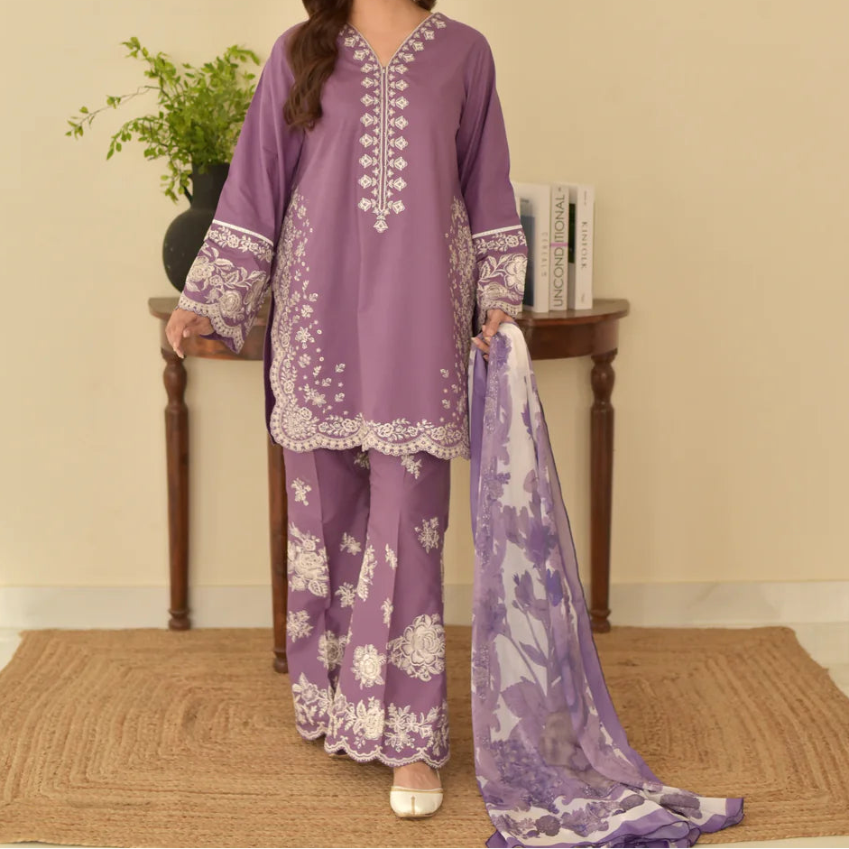 EMBROIDERED 3PC LAWN DRESS WITH PRINTED CHIFFON DUPATTA. Lc 1245