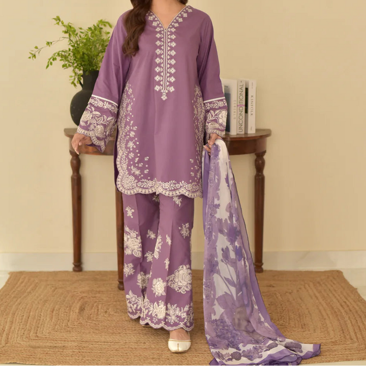 EMBROIDERED 3PC LAWN DRESS WITH PRINTED CHIFFON DUPATTA. Lc 1245