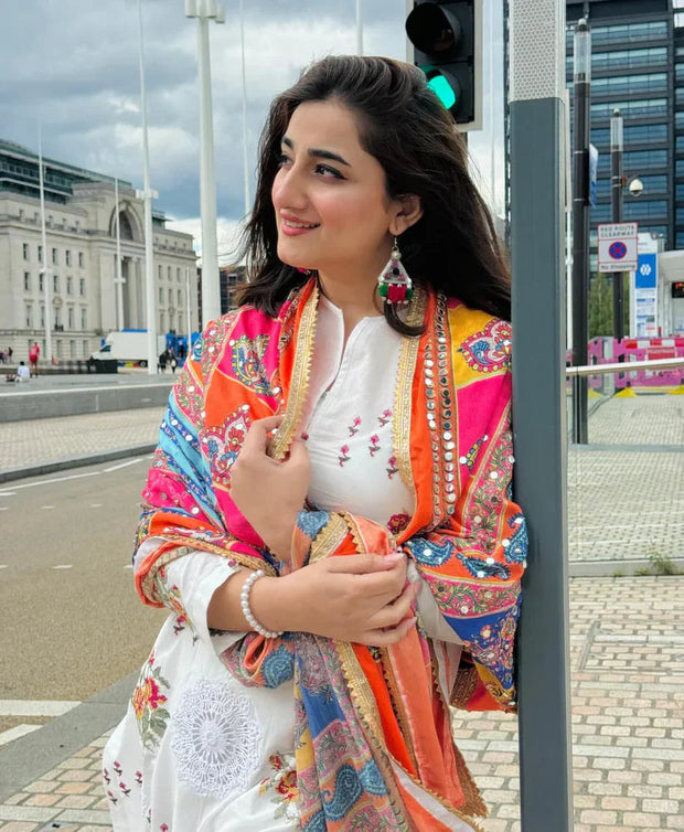 GRACE W570-EMBROIDERED 3PC MARINA DRESS WITH PRINTED SHAWL