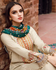 GRACE W570-EMBROIDERED 3PC MARINA DRESS WITH PRINTED SHAWL