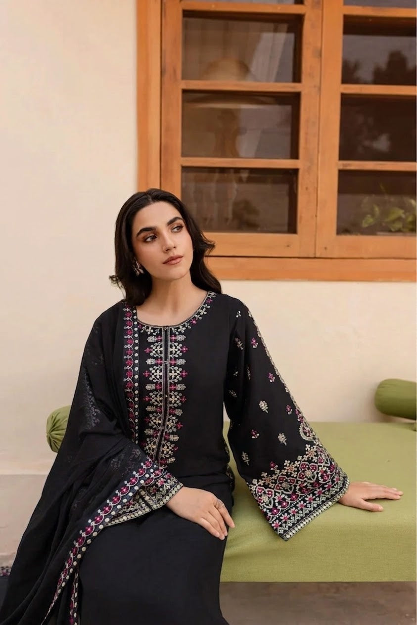 3PC UNSTITCHED DHANAK EMBROIDERED SUIT ZE-1001 Black
