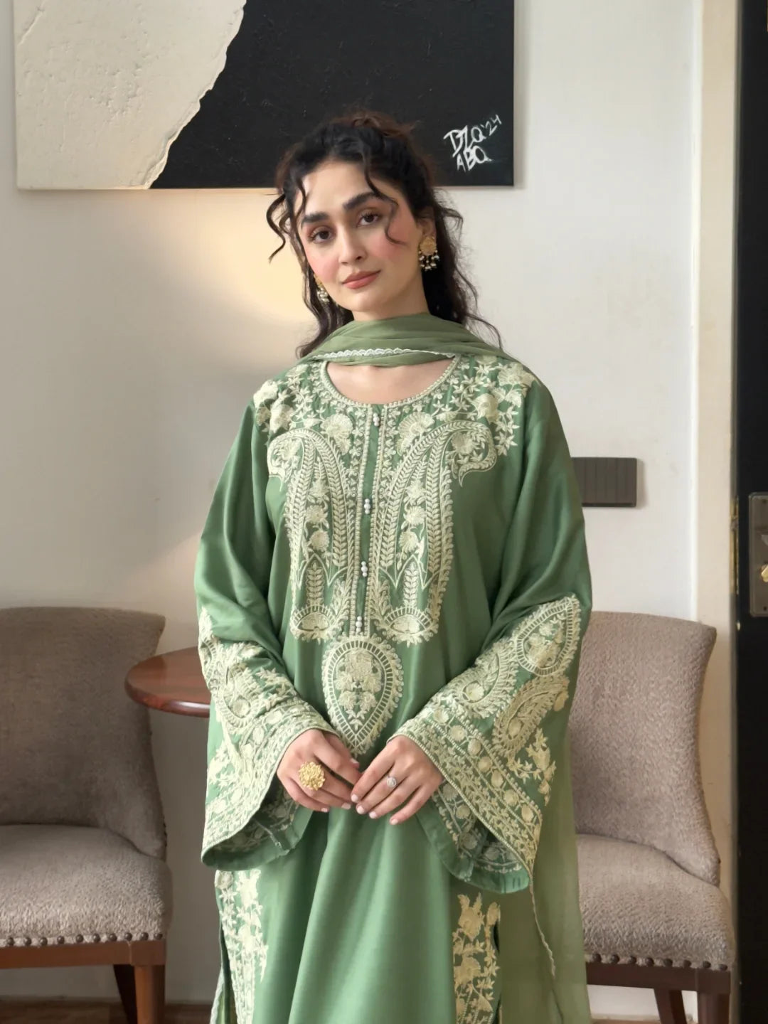 Aafreen Embroidered 3pc - Jade green