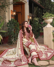 3PC DHANAK EMBROIDERED SHIRT WITH DHANAK EMB SHAWL AND TROUSER DN-2008