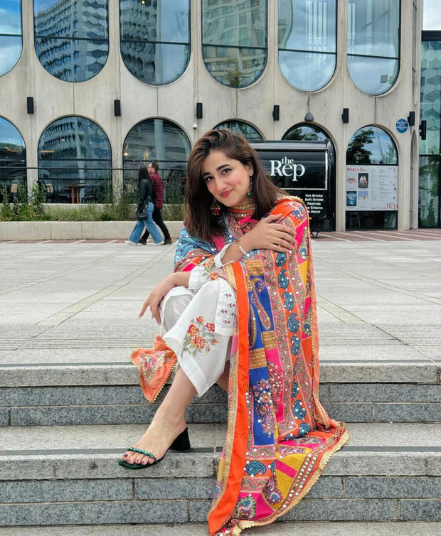 GRACE W570-EMBROIDERED 3PC MARINA DRESS WITH PRINTED SHAWL