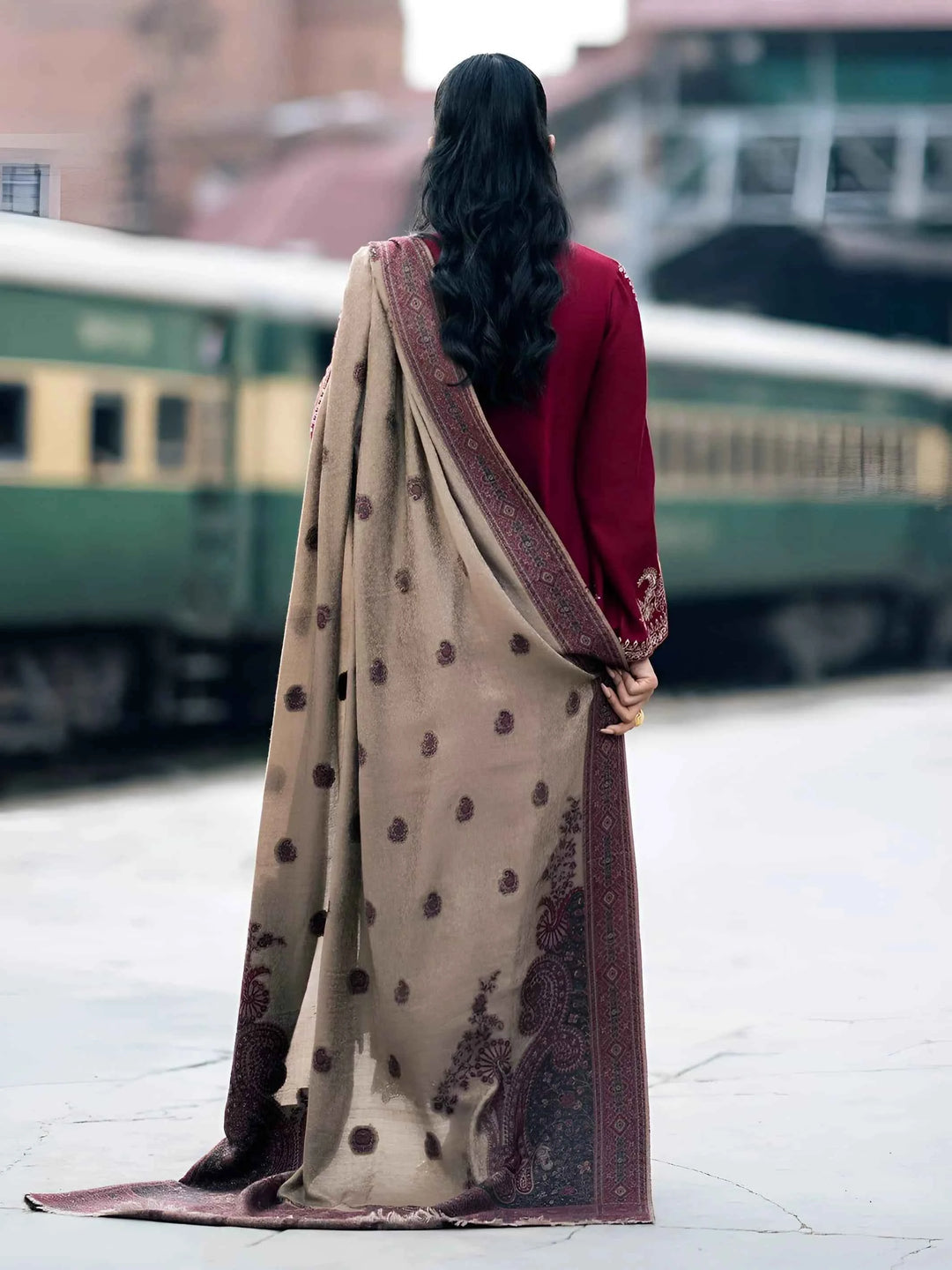GRACE W570-EMBROIDERED 3PC MARINA DRESS WITH PRINTED SHAWL