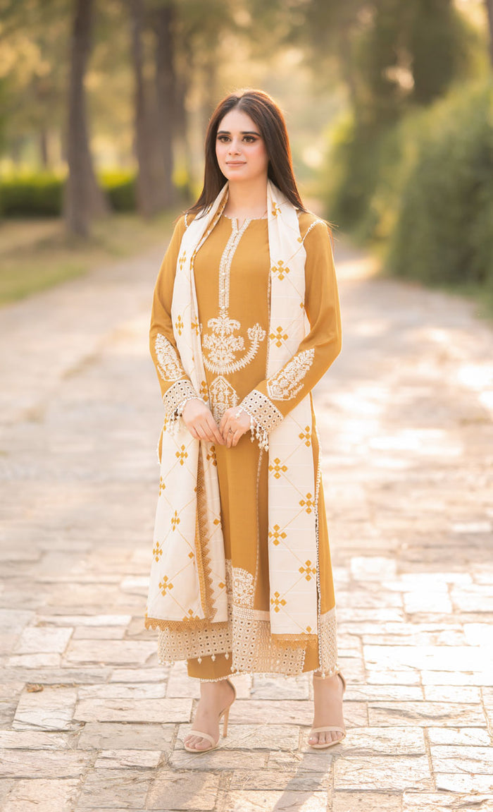 Dhanak-3PC Embroidered Shirt with Dhanak Embroidered Shawl