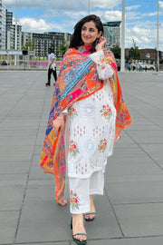 GRACE W570-EMBROIDERED 3PC MARINA DRESS WITH PRINTED SHAWL