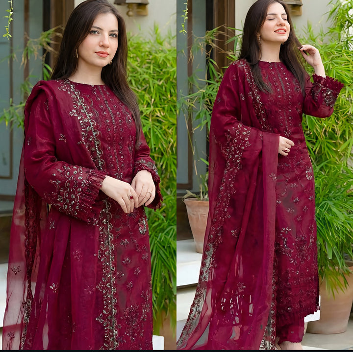 READY TO WEAR STITCHED LAWN HEAVY 3PC EMBOIDERY KD-Mehroon -1021