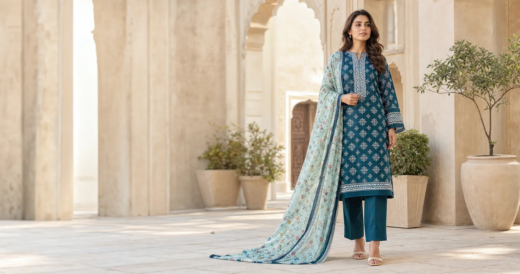 Pakistani fashion editorial in warm summer light